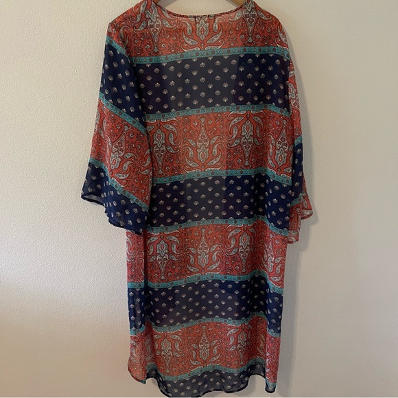 Espresso Colorblock Floral Paisley Kimono Open Cardigan Longline Rust Blue-2X - Picture 2 of 8